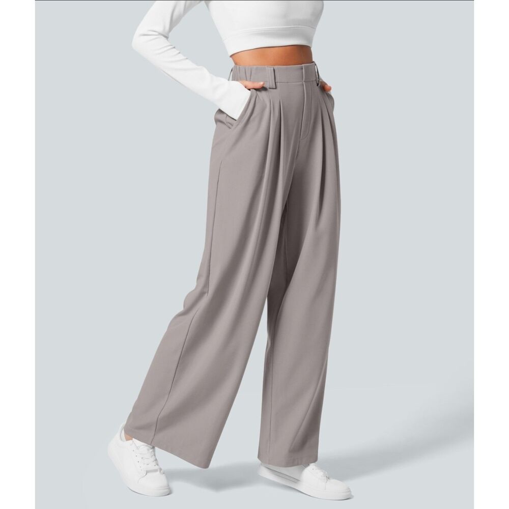 Halara Flex Wide Leg Waffle Work Pants S Tall Mink Ash Taupe Pleated Pocket